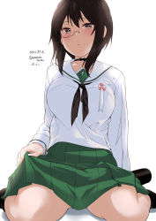 Rule 34 | amasora taichi, award ribbon, black-framed eyewear, black choker, black eyes, black hair, black neckerchief, black socks, blouse, blush, bow choker, character name, choker, commentary, dated, girls und panzer, green skirt, half-closed eyes, highres, kawashima momo, long sleeves, looking at viewer, miniskirt, monocle, neckerchief, one-hour drawing challenge, ooarai school uniform, parted lips, pleated skirt, school uniform, semi-rimless eyewear, serafuku, shirt, short hair, simple background, sitting, skirt, skirt hold, socks, solo, twitter username, under-rim eyewear, wariza, white background, white shirt