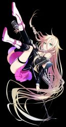 Rule 34 | 1girl, aqua eyes, asymmetrical legwear, black background, black shirt, black socks, blouse, boots, braid, cevio, commentary, dutch angle, expressionless, floating, full body, highres, holding, holding microphone stand, ia (vocaloid), kneehighs, legs up, long hair, looking at viewer, microphone, microphone stand, miniskirt, off-shoulder shirt, off shoulder, parted lips, pink skirt, platinum blonde hair, pleated skirt, shirt, skirt, socks, sogawa, solo, thigh strap, twin braids, uneven legwear, very long hair, vocaloid, white footwear
