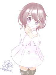 Rule 34 | alternate costume, black footwear, blush, boots, brown eyes, brown hair, casual, chame (myyo04), closed mouth, coat, commentary request, cowboy shot, dated, kantai collection, knee boots, mutsuki (kancolle), one-hour drawing challenge, own hands together, pink coat, short hair, shy, signature, solo, traditional media, twitter username