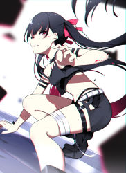 Rule 34 | 1girl, arm strap, bandages, bandaged leg, bandages, bare shoulders, belt, black hair, black shirt, black shorts, blood, blurry, choker, clenched teeth, commentary request, crop top, floating hair, hair ribbon, ichiki 1, injury, long hair, looking at viewer, midriff, original, red eyes, ribbon, shirt, shoes, short shorts, shorts, sleeveless, sleeveless shirt, solo, stomach, teeth, twintails, v-shaped eyebrows, very long hair