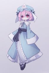 Rule 34 | 1girl, black footwear, blue hat, blue kimono, frills, full body, hat, highres, japanese clothes, kimono, looking at viewer, mob cap, mr.turtle head, one-hour drawing challenge, open mouth, pink hair, red eyes, saigyouji yuyuko, solo, touhou