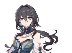 Rule 34 | 1girl, aqua eyes, bare shoulders, bead necklace, beads, black hair, breasts, cleavage, commentary request, highres, honkai: star rail, honkai (series), jewelry, long hair, medium breasts, necklace, parted lips, ruan mei (honkai: star rail), solo, transparent background, upper body, woshikongbai
