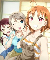 Rule 34 | 3girls, ;d, ahoge, blue eyes, commentary request, grey hair, grin, hair ornament, hairclip, holding, holding hair, long hair, love live!, love live! sunshine!!, multiple girls, one eye closed, open mouth, orange hair, overalls, red eyes, red hair, sakurauchi riko, shirt, short hair, shorts, skirt, smile, striped clothes, striped shirt, surfing orange, takami chika, v, watanabe you, yellow eyes