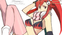 Rule 34 | 00s, 1girl, arm up, between breasts, bikini, bikini top only, black bikini, breasts, brown eyes, flame print, gloves, hair ornament, hand in own hair, leaning back, looking at viewer, pink thighhighs, ponytail, red hair, scarf, simple background, sitting, skull hair ornament, smile, solo, striped clothes, striped scarf, swimsuit, tengen toppa gurren lagann, thighhighs, white background, yoko littner, yu 65026