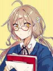 Rule 34 | 1girl, absurdres, ahoge, blue sweater, book, brown hair, flower, glasses, hair bobbles, hair flower, hair ornament, highres, holding, holding book, long hair, low twintails, red-framed eyewear, solo, suju0813, sweatdrop, sweater, twintails, yellow background, yellow eyes