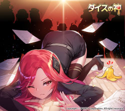 Rule 34 | 1girl, apple caramel, banana peel, black footwear, black jacket, black skirt, black thighhighs, commentary request, frown, hair ornament, highres, jacket, long hair, long sleeves, official art, one eye closed, original, paper, parted bangs, red eyes, red hair, shadow, shoes, skirt, solo focus, tearing up, thighhighs, top-down bottom-up, translation request