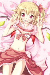 Rule 34 | 1girl, absurdres, blonde hair, bow, bow bra, bra, clothes lift, commentary request, double v, flandre scarlet, frilled bra, frills, hair ribbon, heart, highres, looking at viewer, lying, navel, neats, on back, open mouth, panties, pantyshot, pink eyes, polka dot, polka dot bra, polka dot panties, red bra, red panties, ribbon, shirt, shirt lift, side ponytail, skirt, smile, solo, tongue, tongue out, touhou, underwear, upskirt, v, vest, vest lift, wings