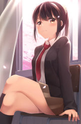 Rule 34 | 1girl, apollo (hu maple), brown eyes, brown hair, chair, cherry blossoms, classroom, closed mouth, highres, crossed legs, long sleeves, looking at viewer, original, ponytail, red neckwear, school uniform, self-upload, sitting, skirt, smile, solo, thighs, uniform