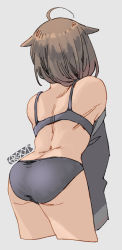 Rule 34 | 1girl, ahoge, ass, back, black bra, black panties, bra, brown hair, butt crack, commentary request, cropped legs, ergot, from behind, grey background, hair flaps, highres, kantai collection, panties, shigure (kancolle), shigure kai ni (kancolle), signature, simple background, solo, underwear, underwear only, undressing