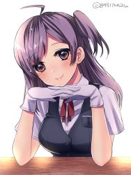 Rule 34 | 10s, 1girl, 8931ponzu, ahoge, arms on table, artist name, blouse, gloves, hagikaze (kancolle), kantai collection, long hair, looking at viewer, neck ribbon, purple eyes, purple hair, red ribbon, ribbon, shirt, side ponytail, smile, solo, twitter username, vest, white gloves, white shirt