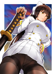 Rule 34 | 1girl, azur lane, bakkanki, black pantyhose, bow, breasts, brown eyes, brown hair, buttons, closed mouth, from above, from below, frown, hair bow, hair ears, hair flaps, hand on own hip, highres, katana, large breasts, long hair, military, military uniform, miniskirt, panties, panties under pantyhose, pantyhose, pantyshot, pleated skirt, ponytail, skirt, solo, standing, sword, takao (azur lane), thighband pantyhose, underwear, uniform, weapon, white bow, white skirt