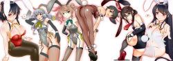 Rule 34 | 6+girls, alternate costume, animal ears, arm support, ass, bare shoulders, black gloves, black hair, black leotard, bow, bowtie, breasts, brown legwear, brown leotard, collarbone, covered navel, dated, detached collar, elbow gloves, embarrassed, fake animal ears, fishnet pantyhose, fishnets, from above, fusou (kancolle), gloves, gradient background, grey eyes, hair between eyes, hairband, high heels, highres, kantai collection, large breasts, leotard, lips, long hair, looking at viewer, looking back, medium breasts, michishio (kancolle), mogami (kancolle), moke ro, multiple girls, off shoulder, pantyhose, playboy bunny, rabbit ears, rabbit tail, red eyes, red leotard, shigure (kancolle), shiny clothes, short hair, sitting, spoken blush, strapless, strapless leotard, tail, thighhighs, wrist cuffs, yamagumo (kancolle), yamashiro (kancolle)