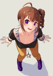 Rule 34 | 1girl, ahoge, animal print, black shirt, blue scrunchie, boots, breasts, brown hair, cleavage, collarbone, commentary, drill hair, drill ponytail, from above, grey background, hair ornament, hair scrunchie, highres, idolmaster, idolmaster million live!, jewelry, kamille (vcx68), looking at viewer, medium breasts, medium hair, necklace, open mouth, pants, purple eyes, purple footwear, scrunchie, shadow, shirt, shirt under shirt, short sleeves, side ponytail, sidelocks, smile, solo, star (symbol), star necklace, wrist scrunchie, wristband, yellow pants, yokoyama nao, zebra print