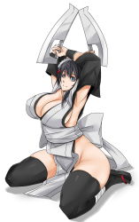 Rule 34 | 1girl, armpits, black hair, black thighhighs, blade, blue eyes, breasts, cleavage, detached sleeves, exaxuxer, hair ornament, hairclip, highres, huge breasts, iroha (samurai spirits), japanese clothes, looking at viewer, maid, maid headdress, samurai spirits, shorblade, short hair, sideboob, simple background, sitting, smile, snk, solo, sword, thighhighs, wariza, weapon, white background