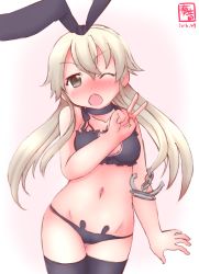 Rule 34 | 10s, 1girl, ;o, anchor hair ornament, bare shoulders, black bra, black panties, black thighhighs, blonde hair, blush, bra, choker, cleavage cutout, clothing cutout, dated, frilled bra, frills, grey eyes, hair ornament, highres, kanon (kurogane knights), kantai collection, long hair, looking at viewer, meme attire, navel, one eye closed, panties, rabbit ear panties, shimakaze (kancolle), solo, stomach, thighhighs, underwear, underwear only, v