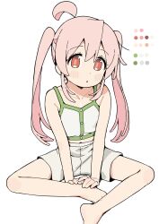 Rule 34 | 1girl, :o, ahoge, bare arms, bare shoulders, barefoot, blush, camisole, color guide, genderswap, genderswap (mtf), hair between eyes, highres, knees apart feet together, legs, long hair, looking at viewer, onii-chan wa oshimai!, oyama mahiro, parted lips, pink hair, red eyes, seramikku, shorts, simple background, sitting, solo, twintails, very long hair, white background, white camisole, white shorts