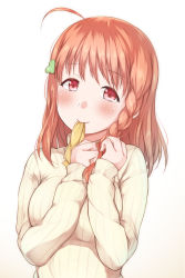 Rule 34 | 1girl, ahoge, blush, braid, braiding hair, breasts, brown background, brown hair, brown sweater, closed mouth, commentary request, gradient background, hair ornament, hairdressing, hands up, head tilt, highres, hitotsuki no yagi, long hair, long sleeves, love live!, love live! sunshine!!, medium breasts, mouth hold, red eyes, ribbed sweater, ribbon, ribbon in mouth, side braid, single braid, sleeves past wrists, smile, solo, sweater, takami chika, upper body, white background, yellow ribbon
