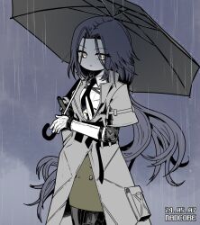 Rule 34 | 1girl, android, ar-18 (girls&#039; frontline), artist name, black hair, black necktie, closed mouth, coat, commentary request, commission, dated, elbow gloves, girls&#039; frontline, gloves, green skirt, grey coat, holding, holding umbrella, korean commentary, long hair, looking at viewer, madcore, mechanical arms, mechanical legs, necktie, overcoat, parted bangs, pixiv commission, rain, shadow, shirt, short sleeves, skirt, solo, umbrella, variant set, very long hair, watch, white gloves, white shirt, wristwatch, yellow eyes