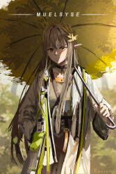 Rule 34 | 1girl, absurdres, arknights, black skirt, brown eyes, brown hair, brown shirt, character name, closed mouth, commentary request, hair between eyes, highres, holding, holding umbrella, jacket, long hair, long sleeves, looking at viewer, muelsyse (arknights), open clothes, open jacket, pointy ears, ressec, shirt, skirt, smile, solo, umbrella, very long hair, white jacket, yellow umbrella