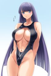 Rule 34 | 1girl, arms behind back, bare shoulders, black one-piece swimsuit, blue background, blue eyes, blue hair, blush, breasts, closed mouth, collarbone, cowboy shot, ear piercing, fate/grand order, fate (series), gachou, gradient background, highleg, highleg swimsuit, highres, large breasts, long hair, looking at viewer, martha (fate), navel, one-piece swimsuit, piercing, simple background, solo, standing, swimsuit