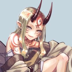 Rule 34 | 1girl, bare shoulders, blonde hair, body markings, commentary, earrings, facial mark, fate/grand order, fate (series), forehead mark, highres, horns, ibaraki douji (fate), isagiyo, japanese clothes, jewelry, kimono, looking at viewer, off shoulder, oni, oni horns, parted lips, pointy ears, simple background, sitting, smile, solo, symbol-only commentary, yellow eyes, yellow kimono