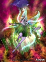 Rule 34 | 1girl, bare shoulders, barefoot, bracelet, breasts, circlet, cleavage, colored skin, copyright name, fairy, fairy wings, force of will, full body, grey hair, jewelry, leaf, long hair, night, official art, pointy ears, purple skin, red eyes, solo, star (sky), tomida tomomi, torn clothes, tree, wings