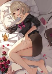 Rule 34 | 1girl, :d, absurdres, arm up, artist request, ass, bag, bare legs, bare shoulders, barefoot, bed, black shirt, blonde hair, bouquet, bow, bowtie, breasts, brown skirt, commission, crown, female focus, flower, frilled shirt, frills, hand on own thigh, highres, long sleeves, looking at viewer, lying, medium breasts, miniskirt, off shoulder, on back, on bed, open mouth, original, pencil skirt, petals, pillow, red eyes, red flower, rose, second-party source, shirt, short hair, skirt, smile, solo, thighs