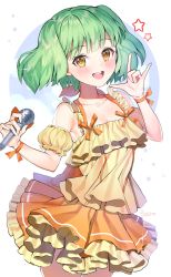 Rule 34 | 1girl, :d, \m/, artist name, bare shoulders, blunt bangs, blush, breasts, brown eyes, cleavage, collarbone, commentary, cowboy shot, detached sleeves, dress, frilled dress, frills, glint, green hair, highres, holding, holding microphone, layered dress, looking at viewer, macross, macross frontier, microphone, open mouth, orange dress, orange ribbon, posom, puffy short sleeves, puffy sleeves, ranka lee, ribbon, round teeth, short hair, short sleeves, small breasts, smile, solo, sparkle, standing, star (symbol), teeth, two side up, upper teeth only, wrist ribbon
