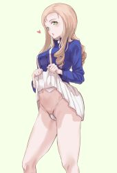 Rule 34 | 1girl, bc freedom school uniform, blonde hair, blush, breasts, cameltoe, clothes lift, drill hair, every bakutan, girls und panzer, green eyes, heart, highres, lifting own clothes, long hair, looking at viewer, marie (girls und panzer), medium breasts, navel, open mouth, panties, pleated skirt, school uniform, simple background, skirt, skirt lift, solo, standing, thong, underwear, white panties, white skirt, yellow background