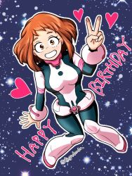 Rule 34 | 1girl, arm at side, artist name, belt, blush stickers, bodysuit, boku no hero academia, boots, bracelet, breasts, brown eyes, brown hair, clenched hand, clenched teeth, english text, eyebrows, eyelashes, female focus, fingernails, floating, floating hair, full body, hand up, happy, happy birthday, heart, jewelry, knee boots, knees together feet apart, legs, looking at viewer, matching hair/eyes, medium breasts, medium hair, sidelocks, skin tight, sky, smile, star (sky), star (symbol), starry background, starry sky, superhero costume, teeth, thigh gap, thighs, tugudemia, two-tone bodysuit, uraraka ochako, v