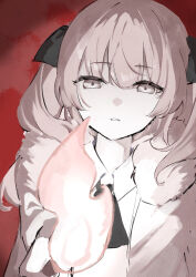 Rule 34 | 1girl, adipocere (vocaloid), black ribbon, collared shirt, commentary request, expressionless, fire, fire, fur-trimmed jacket, fur trim, grey eyes, hair ribbon, half-closed eyes, highres, hiroyi (mei), holding, holding torch, jacket, limited palette, long hair, long sleeves, looking at viewer, neck ribbon, open clothes, open jacket, outstretched arm, parted lips, pink hair, red background, ribbon, shirt, solo, torch, twintails, upper body