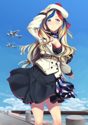 Rule 34 | 10s, 1girl, absurdres, aircraft, airplane, belt, beret, blue eyes, blue hair, blush, breasts, cleavage, commandant teste (kancolle), hat, hiememiko, highres, kantai collection, matching hair/eyes, red hair, seaplane, skirt, smile, solo, white hair