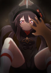 Rule 34 | 1girl, brown hair, genshin impact, girl on top, hat, highres, hu tao (genshin impact), imminent death, knife, looking at viewer, motion blur, red eyes, smile, solo focus, symbol-shaped pupils