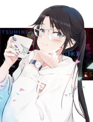 Rule 34 | 1girl, black hair, blue eyes, blush, character name, cup, glasses, half-closed eyes, highres, holding, holding cup, hood, hoodie, idolmaster, idolmaster shiny colors, long hair, long sleeves, mitsumine yuika, smile, solo, tetsuya rice, twintails, upper body, watch, white hoodie