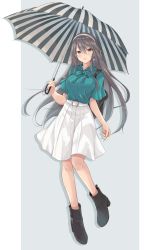 Rule 34 | 1girl, absurdres, black footwear, boots, breasts, brown eyes, full body, gensoukitan, green shirt, grey hair, hair ornament, hairband, hairclip, haruna (kancolle), highres, holding, holding umbrella, kantai collection, large breasts, long hair, medium skirt, official alternate costume, pleated skirt, shirt, short sleeves, skirt, solo, umbrella, white hairband, white skirt