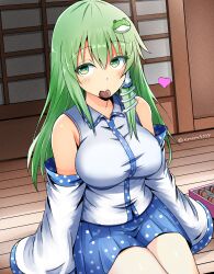 Rule 34 | 1girl, blue skirt, blush, breasts, candy, chocolate, chocolate heart, commentary request, detached sleeves, food, frog hair ornament, green eyes, green hair, hair ornament, heart, highres, kochiya sanae, kyanta5354, large breasts, looking at viewer, mouth hold, on floor, shirt, sitting, skirt, sleeveless, sleeveless shirt, snake hair ornament, solo, touhou