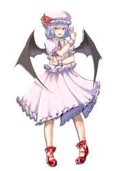 Rule 34 | 1girl, :d, absurdres, bat wings, blue hair, blush, c.rabbit, chinese commentary, commentary request, cross-laced footwear, dress, fang, frilled shirt collar, frills, full body, hair between eyes, hand up, hat, hat ribbon, highres, looking at viewer, mob cap, open mouth, petticoat, pink dress, pink hat, pointy ears, puffy short sleeves, puffy sleeves, red eyes, red footwear, red ribbon, remilia scarlet, ribbon, shoes, short hair, short sleeves, silhouette, simple background, smile, solo, standing, touhou, v, v-shaped eyebrows, white background, wings, wrist cuffs