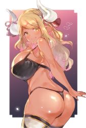 Rule 34 | 1girl, ass, bare arms, bare shoulders, bikini, black bra, blonde hair, blush, border, bra, breasts, butt crack, commentary request, cowboy shot, curvy, dark-skinned female, dark skin, eno yukimi, gradient background, granblue fantasy, heart, highres, hip focus, horn ornament, horn ribbon, horns, huge ass, huge breasts, kumbhira (granblue fantasy), large breasts, legs, long hair, looking at viewer, looking back, matching hair/eyes, outside border, pointy ears, raised eyebrows, red ribbon, ribbon, simple background, smile, solo, standing, swimsuit, thick thighs, thighhighs, thighs, thong, thong bikini, underwear, white border, white thighhighs, wide hips, yellow eyes
