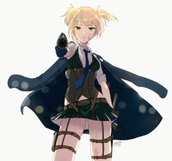Rule 34 | 1girl, aiming, aiming at viewer, blonde hair, blue gloves, blue necktie, bolt action, breasts, corset, dated, garter straps, girls&#039; frontline, gloves, gluteal fold, green eyes, gun, handgun, hiroichi, holding, holding gun, holding weapon, integral suppressor, integrally-suppressed firearm, jacket, jacket on shoulders, looking at viewer, manual firearm, medium breasts, necktie, panties, pantyshot, shirt, short hair, signature, simple background, skindentation, solo, standing, suppressor, thigh strap, two side up, underwear, weapon, welrod, welrod mk ii, welrod mkii (girls&#039; frontline), white background, white shirt
