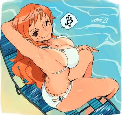 Rule 34 | 1girl, absurdres, arm up, armpits, artist name, bikini, breasts, brown eyes, commentary, from above, highres, large breasts, log pose, long hair, nami (one piece), one eye closed, one piece, one piece: stampede, orange hair, sitting, smile, solo, speech bubble, swimsuit, tan, tanline, water, white bikini, whoopsatro