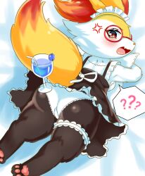 Rule 34 | 1girl, :3, ?, ??, absurdres, anger vein, angry, animal ear fluff, animal ears, animal feet, animal nose, ass, bed sheet, black dress, black fur, blueberry, body fur, braixen, breasts, bridal garter, clothed pokemon, creatures (company), dress, drink, drinking straw, embarrassed, fang, female focus, food, fox ears, fox girl, fox tail, frilled dress, frilled shirt, frills, from behind, fruit, furry, furry female, game freak, gen 6 pokemon, glasses, highres, hugging object, katadora, looking at viewer, looking back, lying, maid, maid headdress, multicolored fur, nintendo, on stomach, open mouth, panties, pawpads, pillow, pillow hug, pinafore dress, pince-nez, pokemon, pokemon (creature), red-framed eyewear, red eyes, round eyewear, shirt, skin fang, sleeveless, sleeveless dress, sleeveless shirt, small breasts, snout, solo, speech bubble, spoken question mark, tail, thick thighs, thighs, underwear, white background, white fur, white panties, white shirt, yellow fur