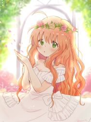 Rule 34 | 1girl, 2023, ahoge, backlighting, bare shoulders, bloom, blowing, blurry, blurry background, blush, bow, braid, breasts, brown hair, cleavage, commentary request, cowboy shot, dated commentary, dress, eyelashes, eyes visible through hair, falling petals, flower, flower wreath, garden, green eyes, hair between eyes, hands up, head wreath, highres, jewelry, kanbe kotori, konomi (konomi00e), leaf, long hair, medium breasts, necklace, official alternate costume, own hands together, parted lips, pearl necklace, petals, pink flower, pink rose, rewrite, rose, short sleeves, sidelocks, solo, standing, tareme, twin braids, very long hair, wavy hair, wedding dress, white bow, white dress, yellow flower, yellow rose