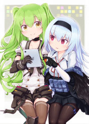 Rule 34 | 2girls, black choker, black gloves, black hairband, black jacket, black neckwear, black shorts, black skirt, blue hair, breasts, brown eyes, brown legwear, choker, closed mouth, collared shirt, commentary request, elbow gloves, girls&#039; frontline, gloves, green hair, hairband, hand up, harada (sansei rain), highres, holding, jacket, long hair, long sleeves, m950a (girls&#039; frontline), multiple girls, neck ribbon, off shoulder, open clothes, open fly, open jacket, open shorts, pantyhose, parted lips, pleated skirt, pointing, puffy short sleeves, puffy sleeves, red eyes, red ribbon, ribbon, shirt, short shorts, short sleeves, shorts, sitting, skirt, small breasts, smile, thighhighs, thunder (girls&#039; frontline), twintails, very long hair, white shirt