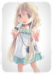 Rule 34 | 1girl, bag, blonde hair, brown eyes, comeco, dress, food, futaba anzu, handbag, ice cream, idolmaster, idolmaster cinderella girls, long hair, looking at viewer, low twintails, open mouth, solo, twintails, v