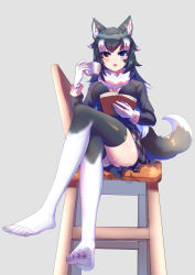 Rule 34 | 1girl, absurdres, animal ear fluff, animal ears, black hair, blazer, blue eyes, book, boy (pixiv17542438), chair, crossed legs, cup, from below, full body, fur collar, gloves, grey background, grey wolf (kemono friends), hand up, heterochromia, highres, holding, holding cup, jacket, kemono friends, long hair, long sleeves, looking at viewer, miniskirt, multicolored hair, open book, open mouth, panties, pantyshot, plaid, plaid skirt, simple background, sitting, skirt, solo, striped clothes, striped panties, tail, thighhighs, toes, two-tone hair, underwear, white hair, wolf ears, wolf girl, wolf tail, yellow eyes