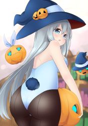 Rule 34 | 1girl, absurdres, ass, bare shoulders, blue bow, blue eyes, blue headwear, blue leotard, blurry, blurry background, bow, breasts, rabbit tail, day, grey hair, hat ornament, highres, jack-o&#039;-lantern, last period, leotard, long hair, looking back, medium breasts, open mouth, outdoors, pantyhose, playboy bunny, pumpkin, solo, standing, swim (last period), tail, tears, very long hair