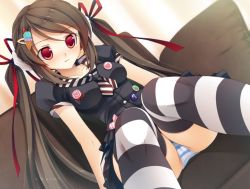 Rule 34 | 1girl, aoyama kotoha, black shirt, black skirt, blue panties, blush, bow, breasts, brown hair, c:drive, candy, clover, collarbone, couch, diagonal-striped neckwear, dutch angle, food, from below, fusataka shikibu, game cg, hair bow, hair ornament, hairclip, hairpin, heart, ice cream cone hair ornament, indoors, legs together, lollipop, long hair, looking at viewer, medium breasts, necktie, on couch, panties, pantyshot, pined buttons, pleated skirt, puffy short sleeves, puffy sleeves, red bow, red eyes, riajuu saimin, ribbon, school uniform, shirt, short sleeves, sitting, skindentation, skirt, striped clothes, striped neckwear, striped panties, thighhighs, twintails, underwear