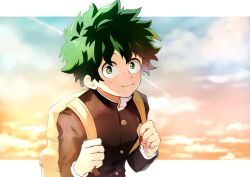 Rule 34 | 1boy, aged down, backpack, bag, blue sky, blush, boku no hero academia, bright pupils, buttons, closed mouth, cloud, cloudy sky, collared shirt, commentary request, film grain, freckles, gakuran, gradient hair, gradient sky, green eyes, green hair, hands up, happy, high collar, highres, holding strap, letterboxed, long sleeves, looking at viewer, looking to the side, looking up, male focus, midoriya izuku, muginome (bakuga chan2), multicolored hair, orange sky, outside border, partial commentary, school uniform, shirt, short hair, sideways glance, sky, smile, upper body, white pupils, white shirt, yellow bag