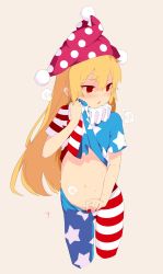 Rule 34 | 1girl, american flag legwear, american flag print, american flag shirt, blonde hair, blush, clownpiece, commentary request, cropped legs, grey background, hat, highres, jester cap, long hair, looking away, pantyhose, parted lips, print shirt, red eyes, saryuu (iriomote), short sleeves, signature, simple background, solo, standing, stomach, striped clothes, striped pantyhose, sweat, touhou, undressing