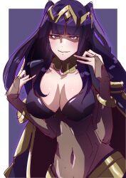 Rule 34 | 1girl, absurdres, black hair, blunt bangs, blush, bodystocking, bracelet, breasts, bridal gauntlets, cape, circlet, cleavage, commentary request, covered navel, fire emblem, fire emblem awakening, highres, jewelry, large breasts, long hair, looking at viewer, navel, nintendo, purple eyes, smile, solo, tharja (fire emblem), tiara, to (tototo tk), two side up
